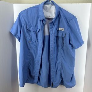 Magellan Outdoors Blue Button-Up T-Shirt, Women's M, FIsh Gear, Relaxed Fit